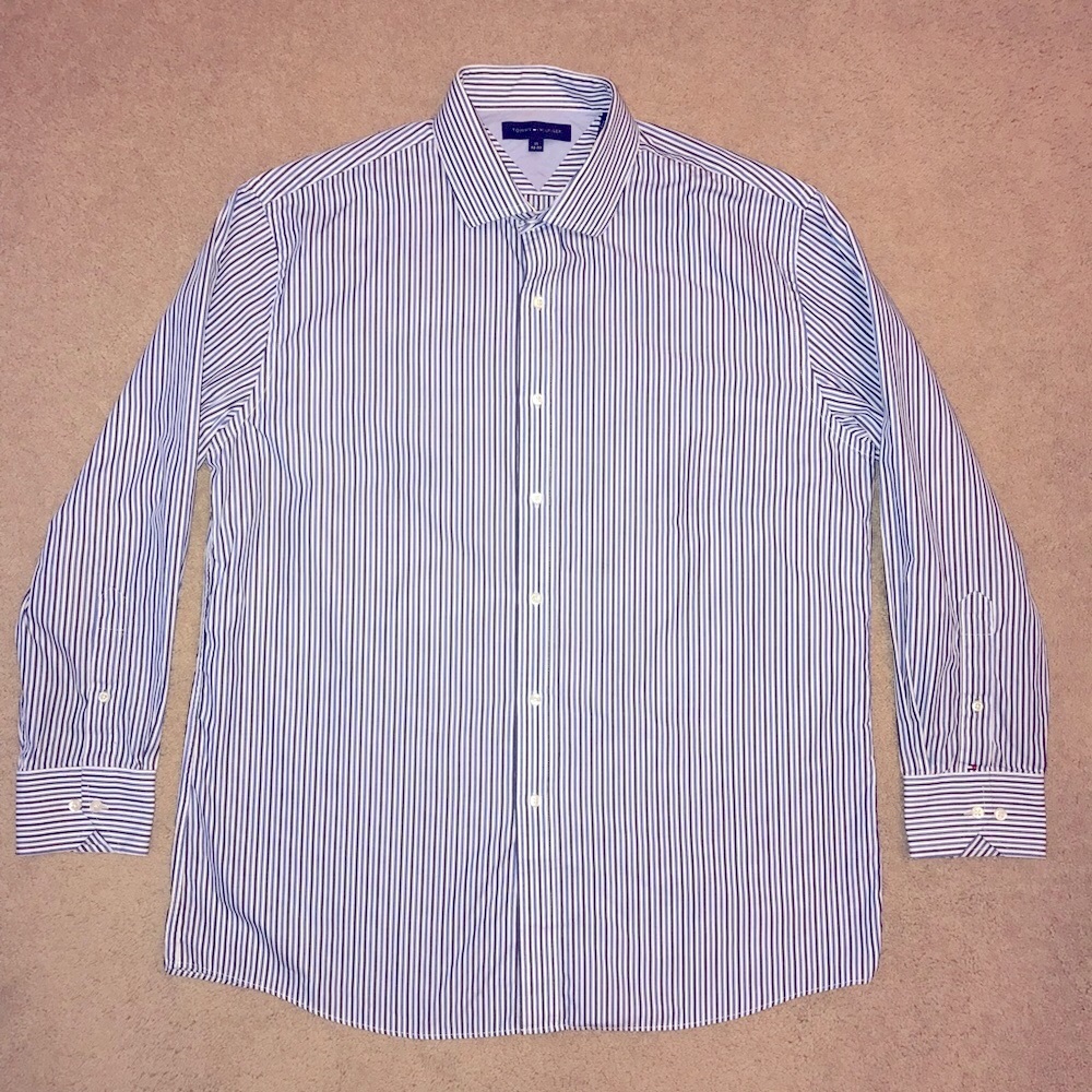 Tommy Hilfiger Long Sleeve Shirt Mens XL 17 32 33 Striped Blue Grey White Cotton